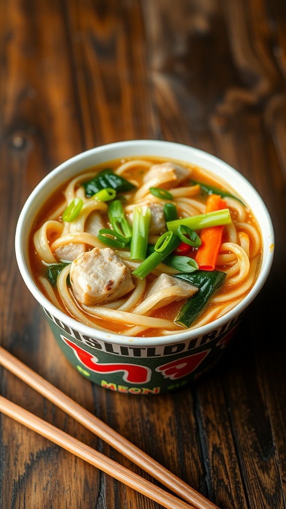 A bowl of instant cup noodles with vegetables and protein, garnished with green onions, on a wooden table with chopsticks.